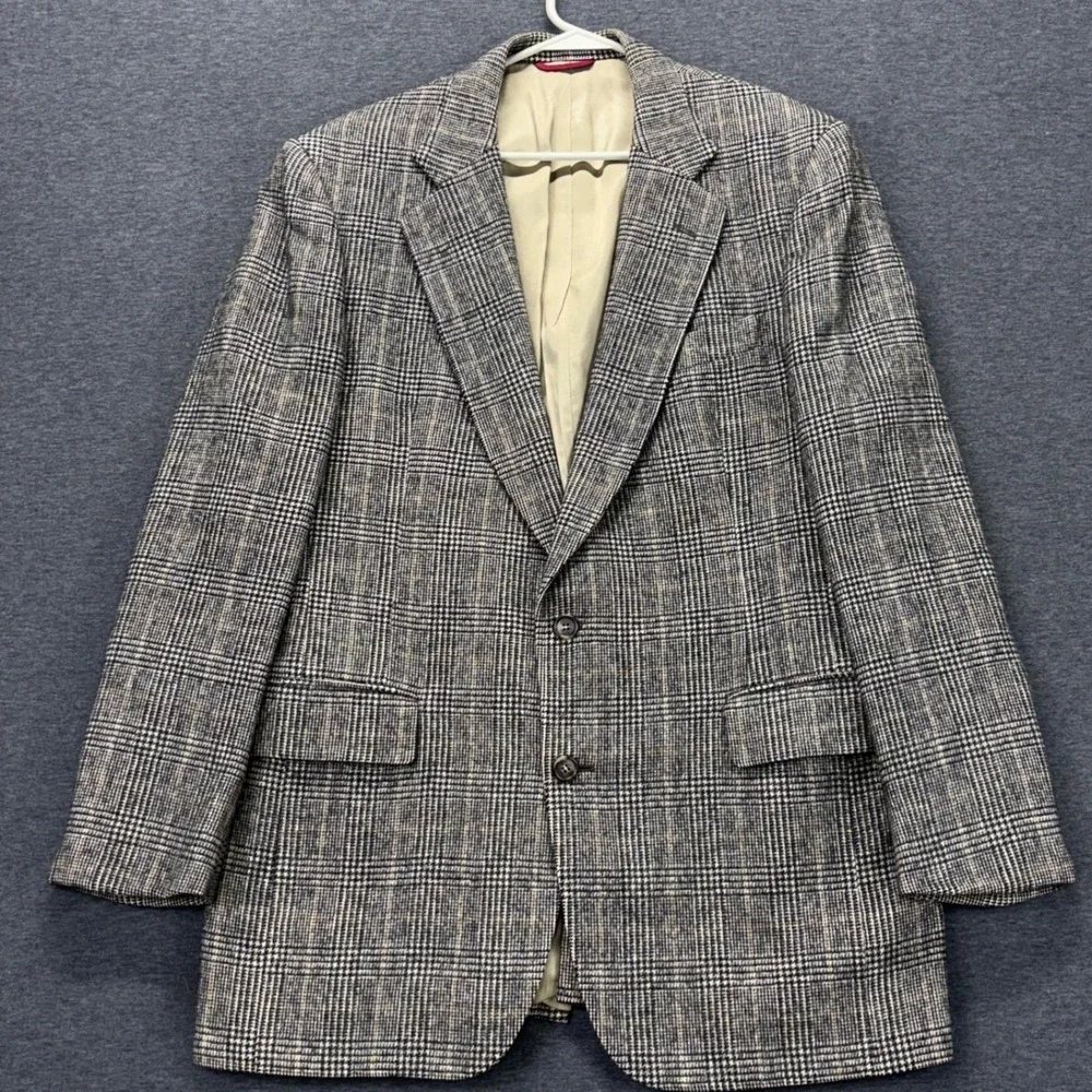 Jos A Bank Sport Coat Mens 44 Camel Hair Glen Plaid‎ Two Button Gray